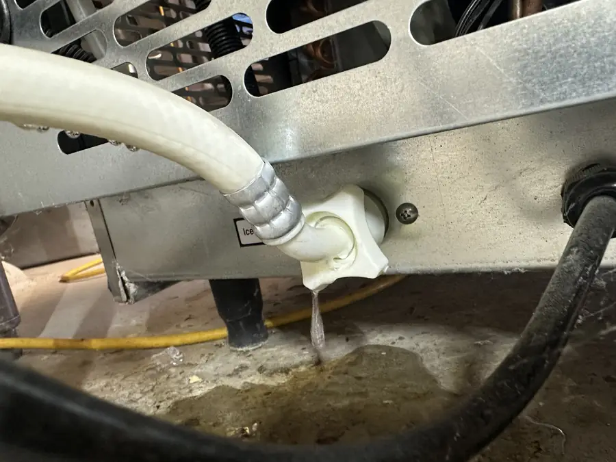 Drain line on the back of a commercial ice machine